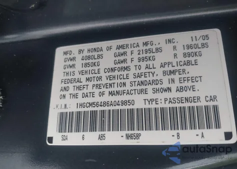 2006 Honda Accord 2.4 Lx from USA, damaged, VIN 1HGCM56486A049850